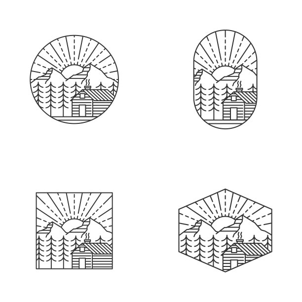 山早晨和小屋徽章矢量插图单线或线条艺术风格图片下载