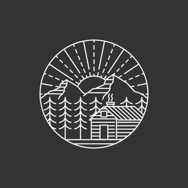 山早晨和小屋徽章矢量插图单线或线条艺术风格图片下载
