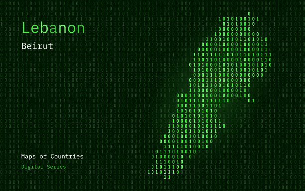 二进制代码图案显示的黎巴嫩地图。台积电。蓝色矩阵数字，零，一。图片下载