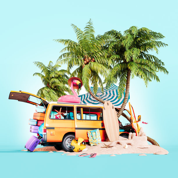 夏季旅游概念。带着行李的橙色面包车停在沙滩上，蓝色背景上是棕榈树。图片下载
