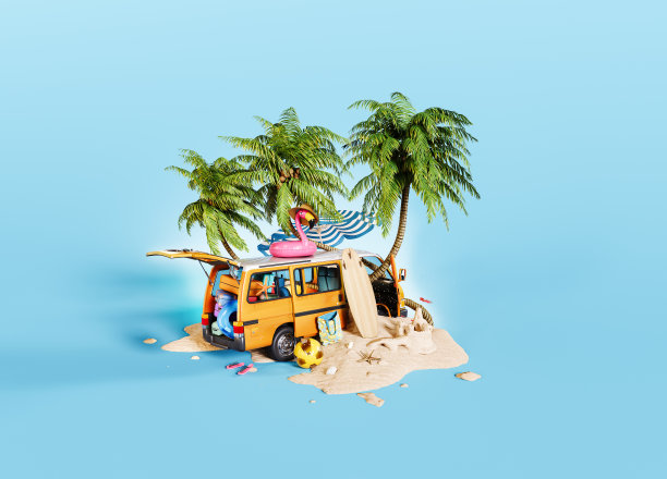 夏季旅游概念。带着行李的橙色面包车停在沙滩上，蓝色背景上是棕榈树。图片下载