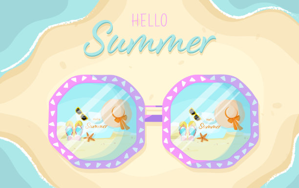 你好，夏天的背景与太阳镜在海滩上。明亮的夏日旗帜为海滩度假胜地。沙滩上的墨镜，明亮的夏日背景图片下载