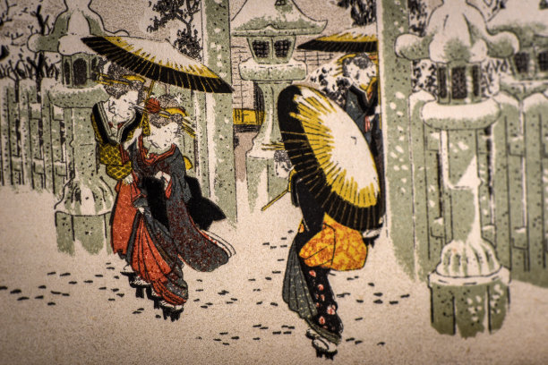 古代日本插画:京都石恩沙的神道寺大门，冬天，Hiroshige I图片下载