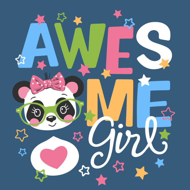 可爱的熊猫脸在黑暗的背景，令人敬畏的女孩口号文字图片下载