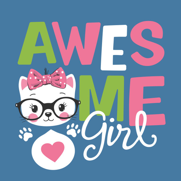 可爱的猫脸在黑暗的背景，令人敬畏的女孩口号文字图片下载