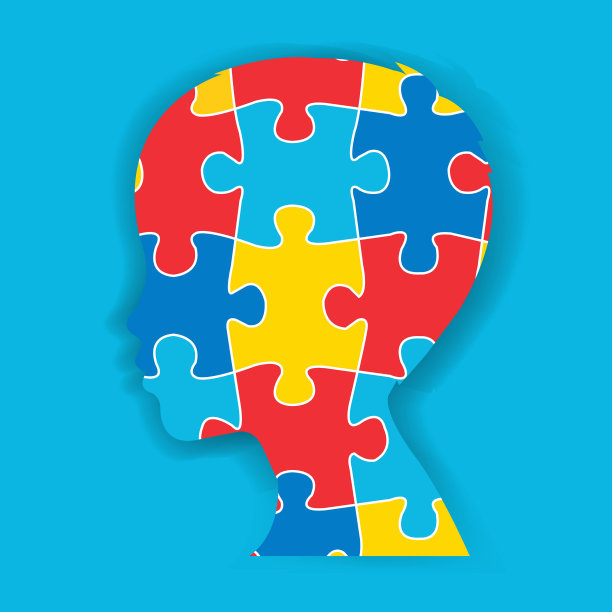 横幅与人的头部轮廓拼图蓝色背景图片下载