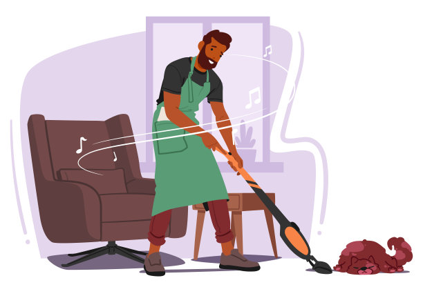 专注的男人，滑过房间，沉浸在他最喜欢的音乐节奏，因为真空嗡嗡声与节拍同步图片下载