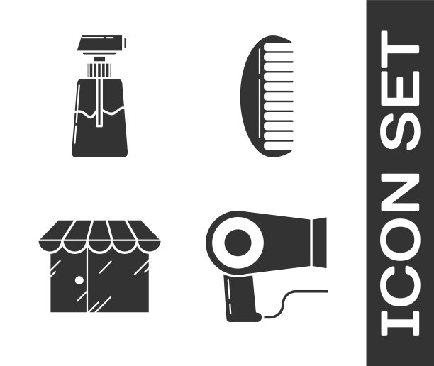 设置吹风机，乳霜或洗剂化妆品管，理发店建筑和发刷图标。向量图片下载