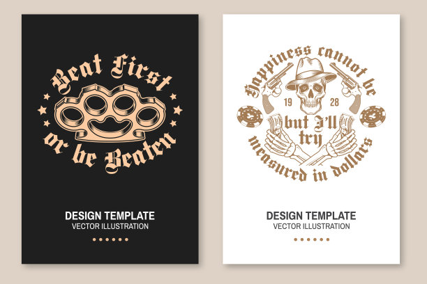 经典的黑帮横幅、海报设计。矢量插图。复古单色标签，贴纸，补丁与指关节掸子，骷髅手拿美元钞票，左轮手枪和头骨轮廓。图片下载