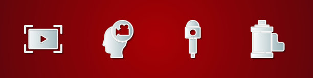 设置在线播放视频，头与相机，麦克风和相机胶卷盒式图标。向量图片下载