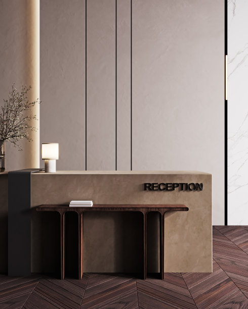 时尚的接待柜台在现代房间与浅米色的墙壁。酒店、水疗中心或办公室的空白登记台。接待模拟与复制空间的品牌，标志，3D渲染图片下载