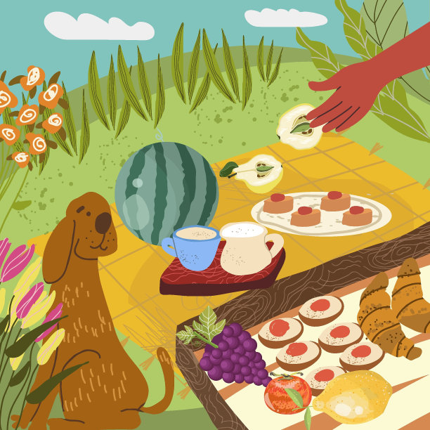 方形明信片，野餐背景。食物，零食，放松，海边之旅，毯子上的饮料，暑假，周末，带宠物，狗。度假的心情。平面矢量插图。图片下载