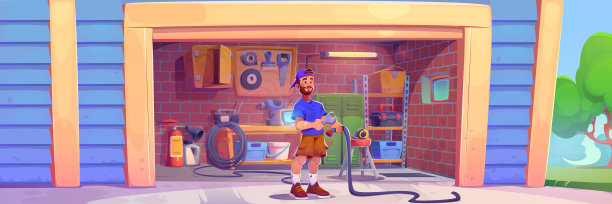 年轻人站在车库门口图片下载