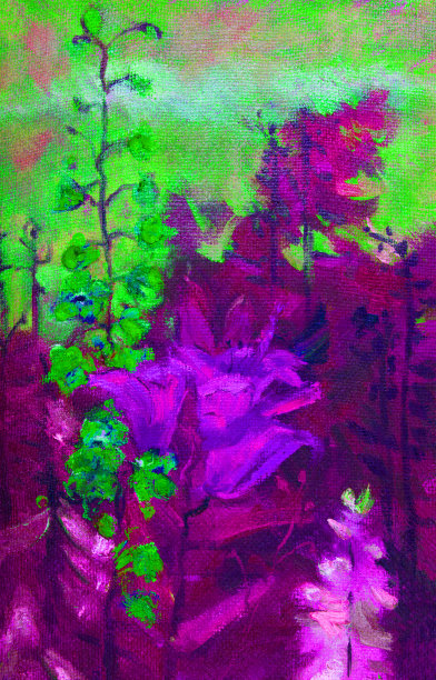 插画油画风景画紫色的百合花和铃铛，背景是树叶、树木和草图片下载