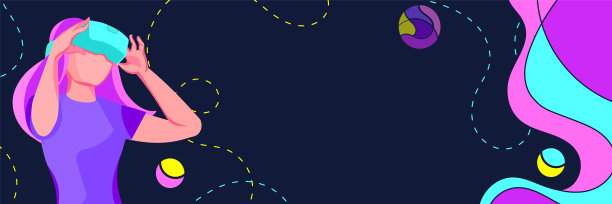 宽幅横幅上，女孩手持虚拟现实眼镜沉浸在虚拟世界中。具有复制空间的配置文件头的排行榜。元宇宙未来网络世界技术。可编辑的矢量图片下载