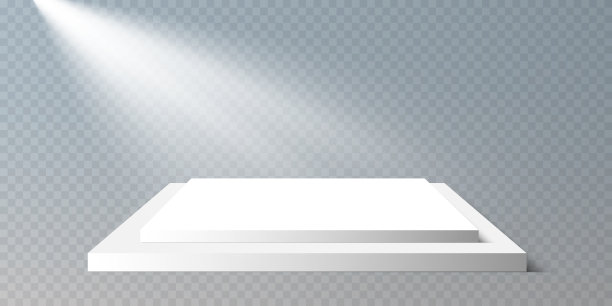 透明背景上的灯光t台，聚光灯下的霓虹灯，空荡荡的黑暗舞台和漂浮着烟雾的演播室。用于产品演示。图片下载