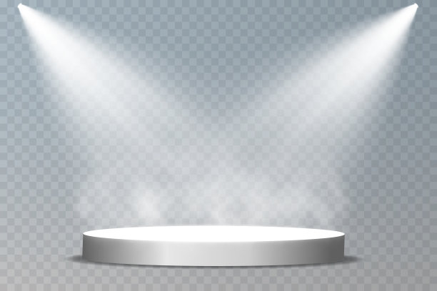 透明背景上的灯光t台，聚光灯下的霓虹灯，空荡荡的黑暗舞台和漂浮着烟雾的演播室。用于产品演示。图片下载
