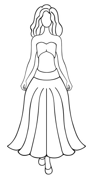 一个女人，穿着没有带子的短上衣和带腰带的蓬松长裙。卷发的女孩。图片下载