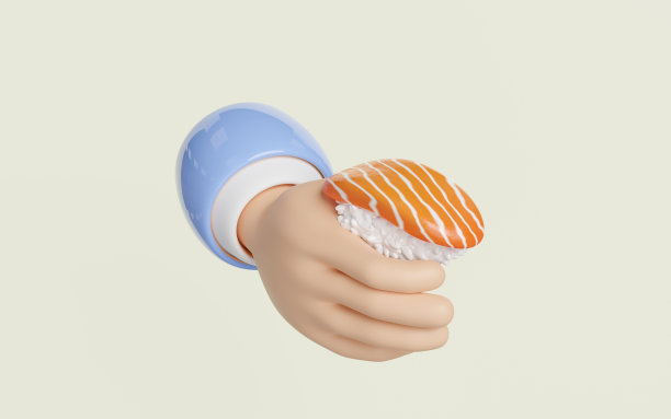 3d手握三文鱼饭团寿司。日本料理隔离概念，3d渲染插图图片下载