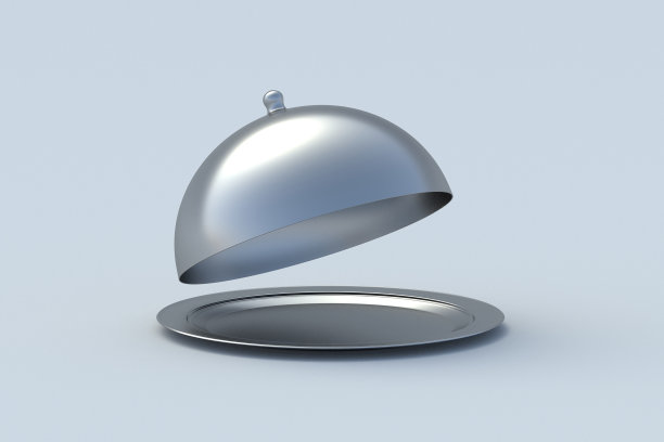 餐厅托盘上的钟表。宴会餐桌布置。食品菜单。厨房里的盘子。豪华的服务。世界美食。三维渲染图片下载