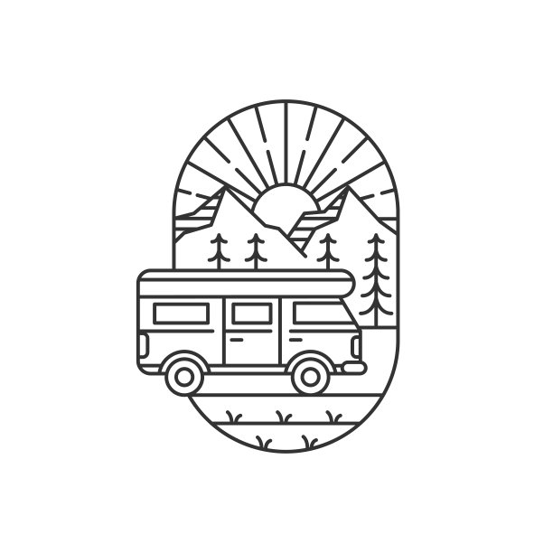 山和露营车徽章矢量插图。早晨山和露营车单线或线条的艺术风格图片下载