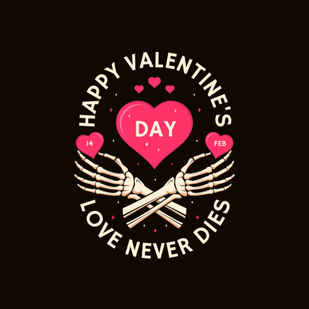 情人节快乐。爱永不死。矢量插图。骷髅手里握着一颗心。模板复古情人节贺卡，横幅，海报，传单与骷髅手拿着一颗心图片下载