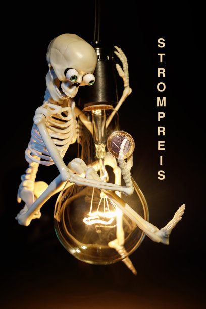 一个有趣的玩具骷髅在一个黑色背景的大白炽灯泡上摇摆，他手里拿着一欧元用来付电费。图片上的文字是德语-斯特伦普雷什语图片下载