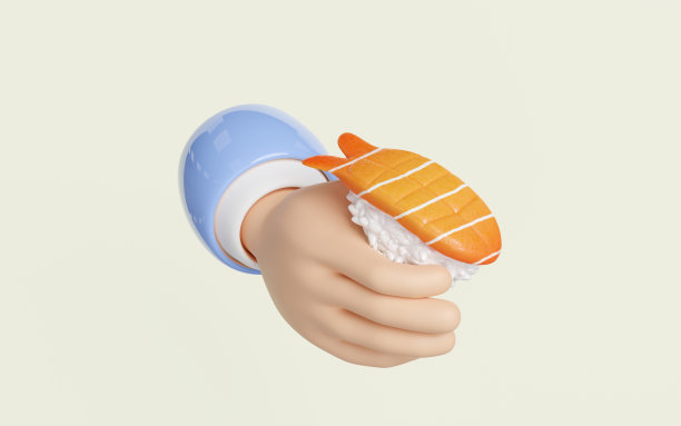 3d手握虾寿司饭团。日本料理隔离概念，3d渲染插图图片下载