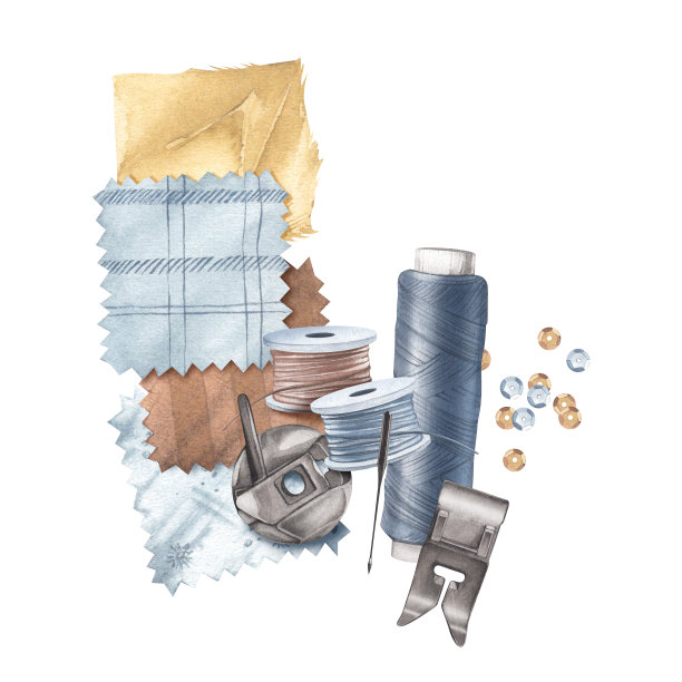 梭壳、线轴、压脚和缝纫机针。缝制时尚的衣服。水彩插画为背景设计，包装，卡片图片下载
