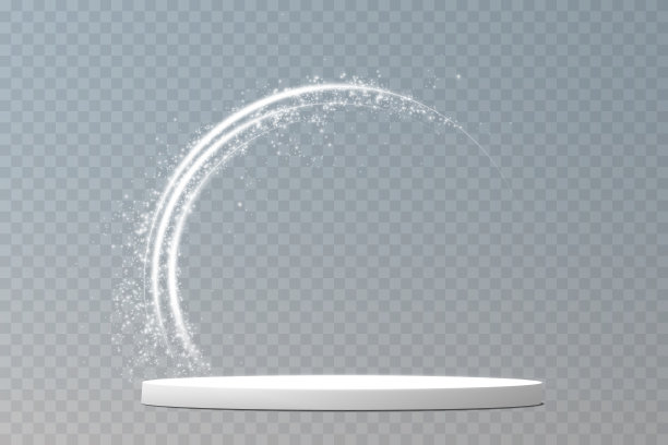 透明背景上的灯光t台，聚光灯下的白色霓虹灯，空荡荡的舞台和飘着烟雾的工作室。用于产品演示。图片下载