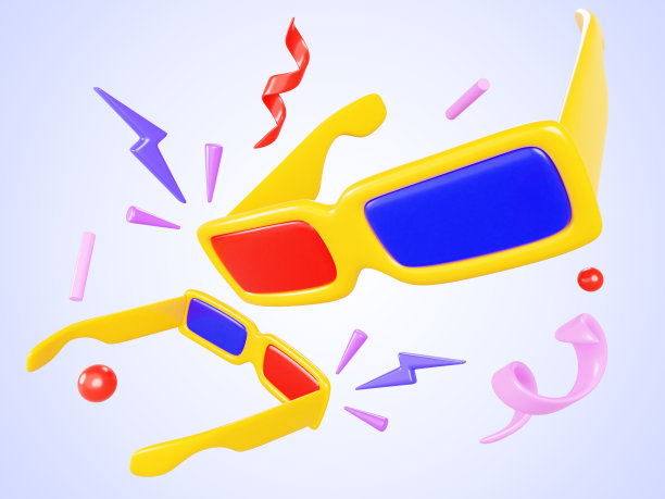 电影背景与3d眼镜，五彩纸屑与飞带，球体和闪电闪光图标渲染。卡通广告横幅为在线电影观看和娱乐，电影行业图片下载