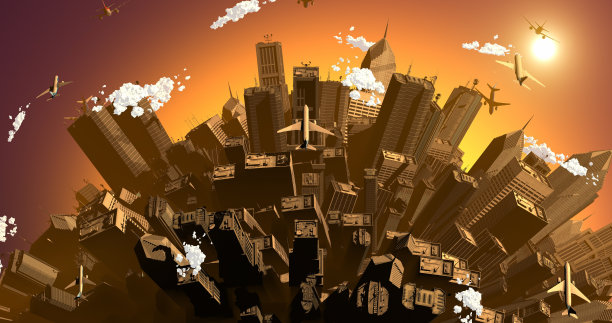 大城市上空的空中飞行。地球被摩天大楼覆盖。图片下载