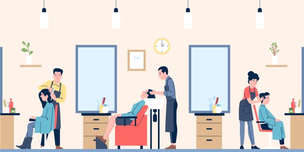 美容沙龙。理发师和美发师和人们一起工作。男人女人打理头发，理发，洗头。平面近期矢量场景图片下载