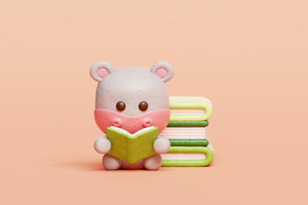 3D可爱河马读书，卡通动物人物，3D渲染。图片下载