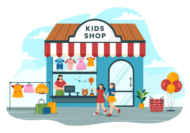 儿童商店矢量插图与男孩和女孩儿童设备，如衣服或玩具在平面卡通背景购物概念图片下载