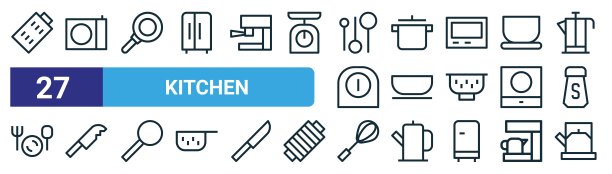 一组27个轮廓网络厨房图标，如磨碎器，炉子，平底锅，烹饪锅，碗，刀，搅拌器，茶壶矢量细线图标的网页设计，移动应用程序。图片下载