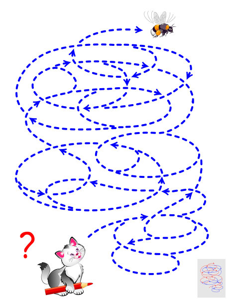 逻辑益智游戏与迷宫。帮助小猫抓住蜜蜂。找到从起点到终点的路，并画好线。儿童脑筋急转弯书可打印的工作表。智商测试。矢量卡通图像。图片下载