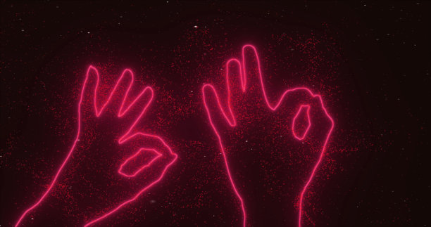 两只红色的手在星星之间的太空中表示“还好”。抽象，3d渲染，霓虹灯发光的线条和粒子。手的红色轮廓。使用美国宇航局的环球照片图片下载