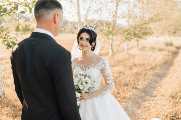 以群山为背景，拍摄新郎和新娘在田野中相遇的广角照片。侧视图。一件漂亮的长裙。时尚的新郎。自然婚纱照图片下载