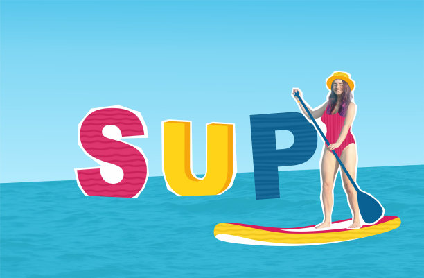 复合拼贴图像素描暑期活动概念。一名女子在海上的帆板上航行，上面刻有“sup”字样图片下载