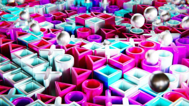 彩色控制台手柄符号与金属球跳跃的背景。3 d渲染。图片下载