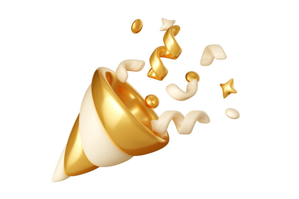 金色的派对popper与五彩纸屑飘带和星星3d渲染插图。图片下载