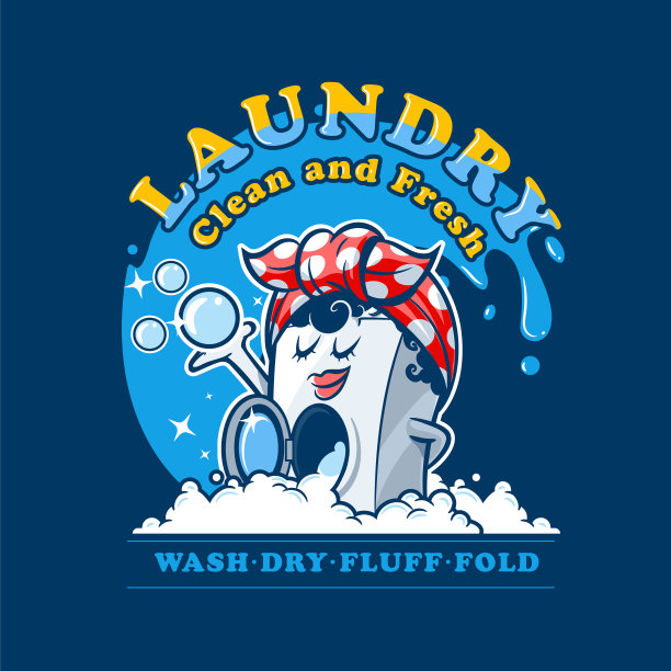 洗衣机卡通女人在带泡泡的洗衣房洗衣服图片下载