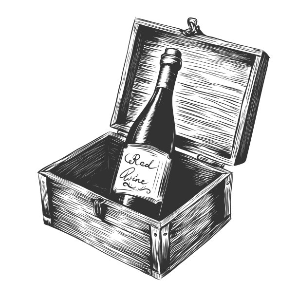 矢量手绘木盒与红酒瓶里面。详细复古风格的形象与酒盒。复古素描元素的标签，包装和卡片设计。线性图形。刻仿图片下载
