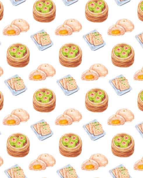 点心图案背景水彩风格，传统亚洲美食设计图片下载