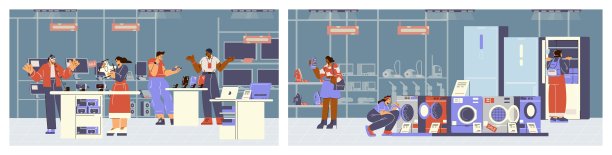 集场景与人们在电子商店选购商品的扁平化风格图片下载