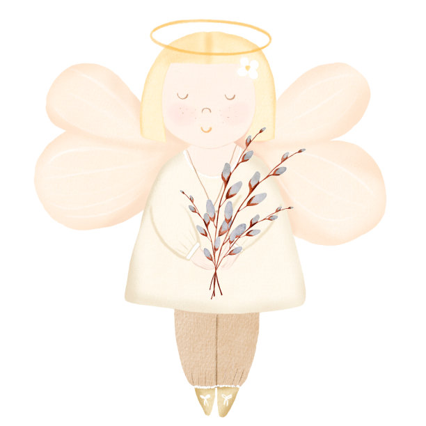 天使拿着一束柳树。水彩画可爱孤立的白色背景。剪贴画卡片和邀请为婴儿的洗礼，出生和复活节。卡通儿童插画图片下载