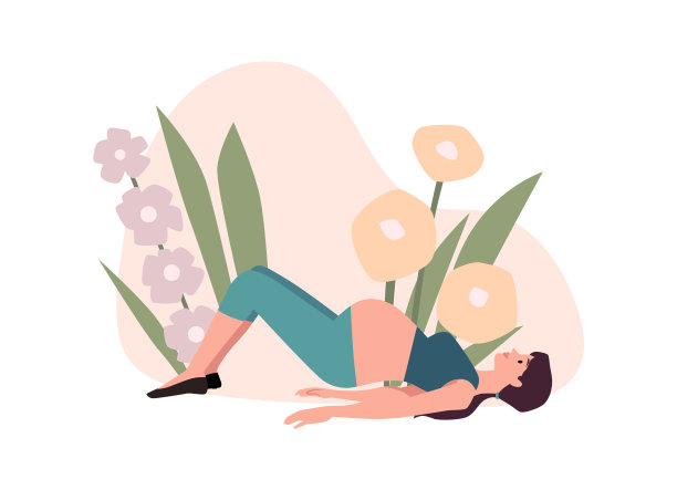 孕妇产前瑜伽卧姿扁平矢量插画图片下载