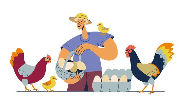 家禽养殖与农民，母鸡，公鸡，鸡和鸡蛋。农业工人在当地市场展示产品图片下载