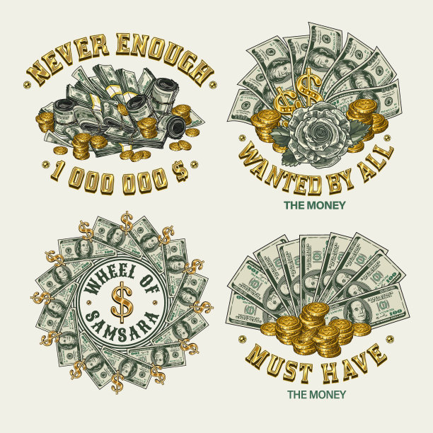 一套彩色钱币复古标签与100美元纸币，金币，文字。复古风格的白色背景概念插图。用于印花、服装、服装、t恤的设计图片下载